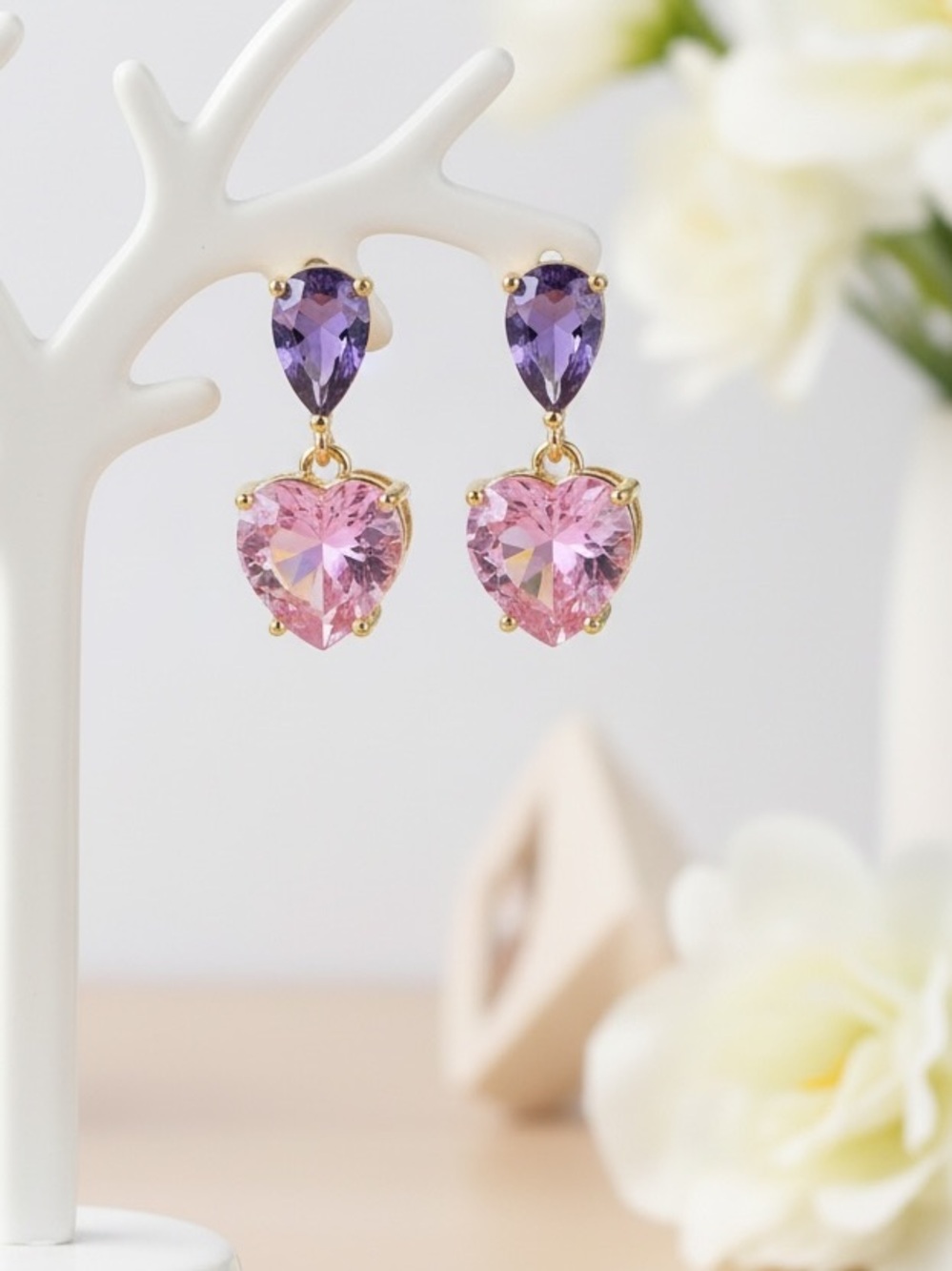 Gold -Plated Pink & Purple CZ Heart Drop Earrings. New.